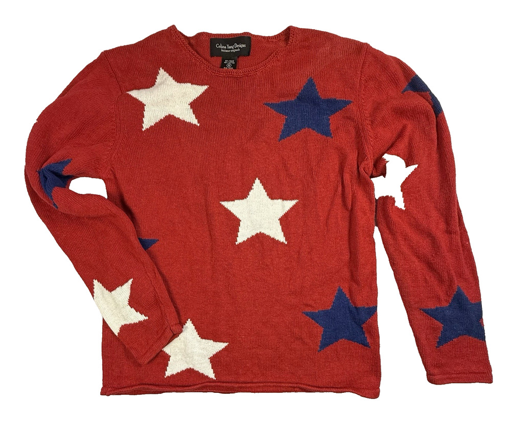 Vtg Celina Yang Designs Americana Star knit Sweater Pullover Red Medium Patrioti